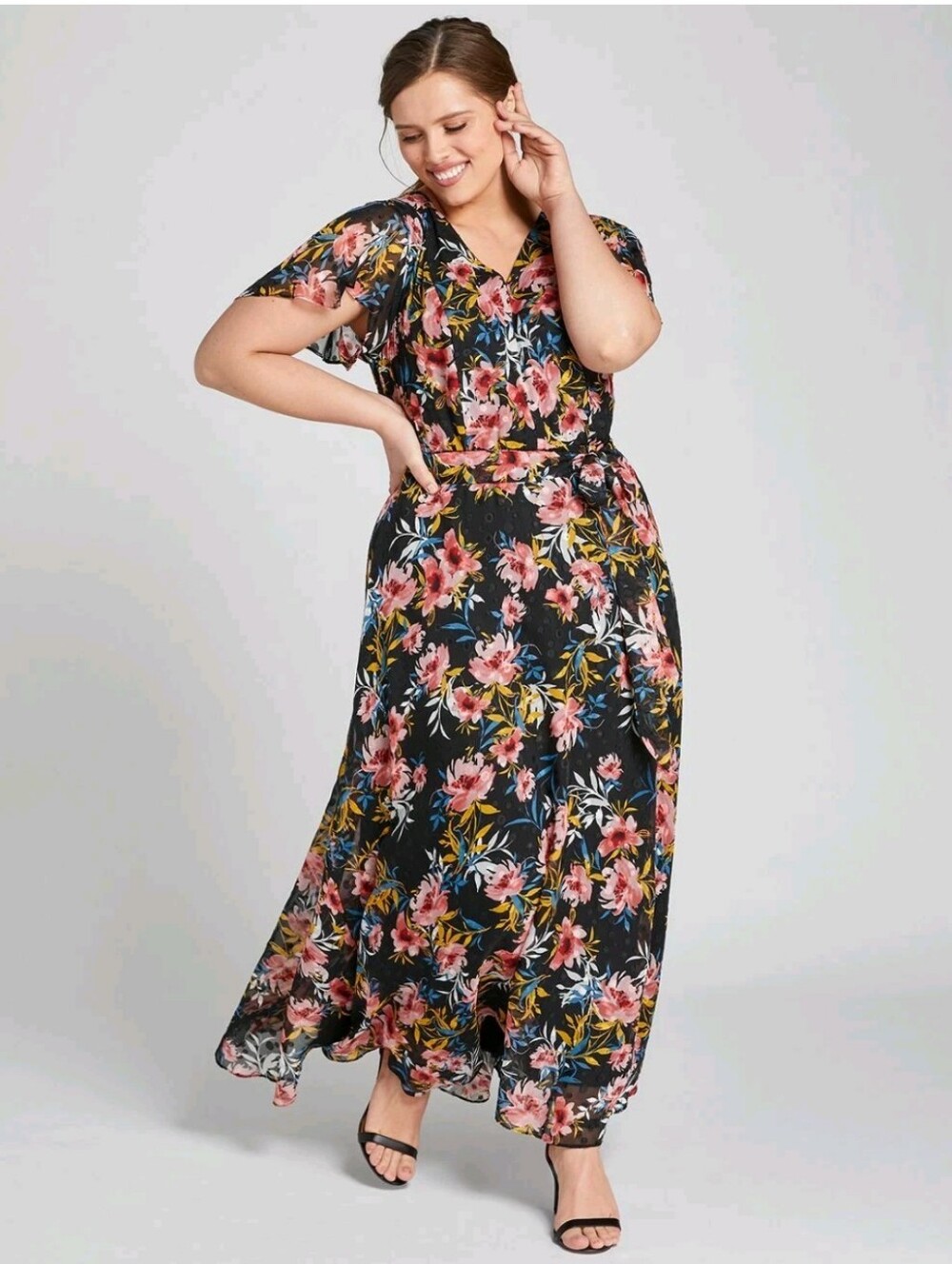 Lane Bryant Black Floral Chiffon Flutter Sleeves Belted Maxi Dress Size 20 Boho